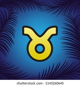 Taurus sign illustration. Vector. Golden icon with black contour at blue background with branches of palm trees.