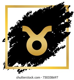 Taurus sign illustration. Vector. Golden icon at black spot inside golden frame on white background.