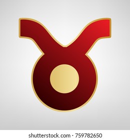 Taurus sign illustration. Vector. Red icon on gold sticker at light gray background.