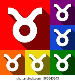 Taurus sign illustration. Vector. Set of icons with flat shadows at red, orange, yellow, green, blue and violet background.