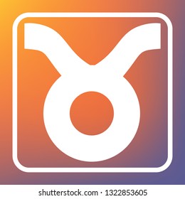 Taurus sign illustration. Vector. White icon on transparent button at orange-violet gradient background.