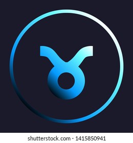 Taurus sign illustration. White, cyan and blue gradient icon as round button in white shell at dark blue background. Illustration.
