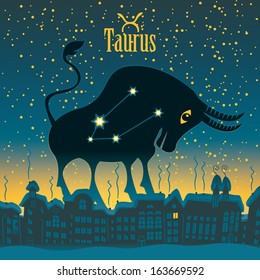 Taurus sign in the starry sky night city