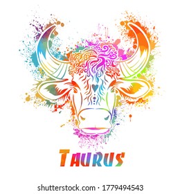 Taurus sign of the zodiac. The head of a bull. T-shirt print. Mixed media. Vector illustration