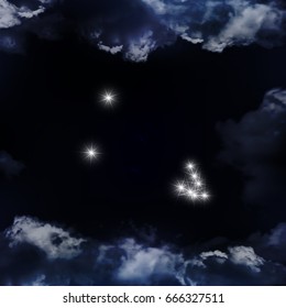 Taurus sign.Taurus ope constellation,stars. The constellation is seen through the clouds in the night sky. Vector