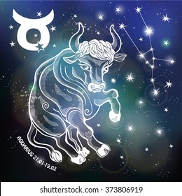 Taurus  sign.Taurus ope constellation,stars.Abstract space dark sky blurred background, dots stars,shiny bokeh.Vector science background.Symbol,sign of water.Astrology Illustration,Taurus silhouette
