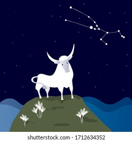 Taurus stands on an island in the sea. Constellation taurus. Zodiac.