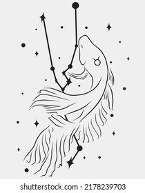 Taurus star constellation with fish and stars. Simple line vector art.