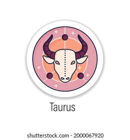 Taurus sticker icon. Bull symbol. Second fire sign in zodiac. Mystic horoscope sign badge for designs. Bullfight, corrida mascot vector emblem