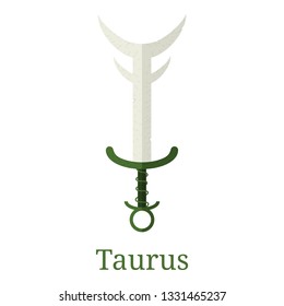 Taurus Sword. Zodiac Sign. Flat Cartoon Zodiacal Weapon. One of 12 Zodiac Weapons. Vector Astrological, Horoscope Sign. Vector illustration isolated on white background.