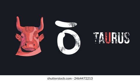 Stier. T-Shirt-Design des Kopfes eines roten Stiers und das Symbol des Stiers auf einem schwarzen Hintergrund.