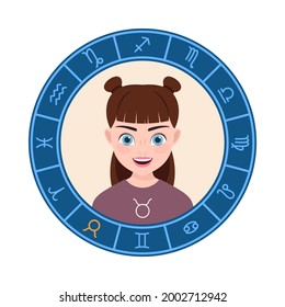 Taurus. vector illustration. cute cartoon girl is like a zodiac sign. round symbol on a white background.