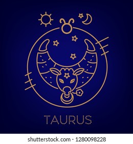 Taurus vector signs of the zodiac in circles of golden color on a blue background. Astrological forecast, horoscope for a single sign. Logo, tattoo or illustration. 