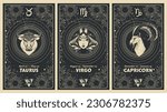 Taurus, virgo, capricorn, earth element zodiac signs, set of astrology cards for stories, horoscope banner, vintage art style, linear hand drawing. Vector illustration on a black background.