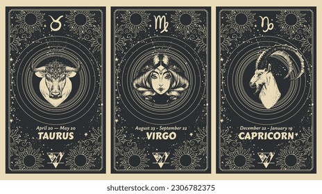 Taurus, virgo, capricornio, signos zodiacos de elementos terrestres, juego de tarjetas astrológicas para historias, banner horoscopio, estilo de arte vintage, dibujo manual lineal. Ilustración vectorial en un fondo negro.