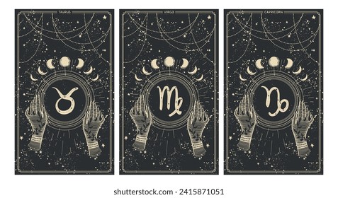 Taurus, virgo, capricorn, earth element zodiac signs, set of astrology cards for stories, horoscope banner, vintage art style. Vector illustration on a black background.
