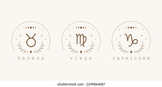 Taurus, virgo, capricorn. Earth zodiac signs in boho style. Astrological icons on white background. Mystery and esoteric. Horoscope vector illustration. Spiritual symbols for tarot cards, calendars.