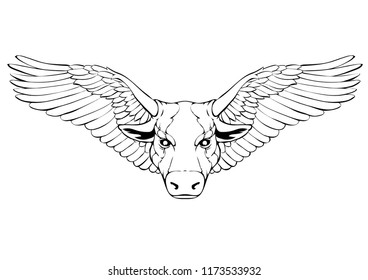 Taurus with wings.Supernatural animal.Fine art.Power logo.Vector