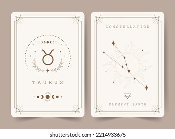 Taurus. Witchcraft cards with astrology zodiac sign and constellation. Perfect for tarot readers and astrologers. Occult magic background. Horoscope template. Vector illustration in boho style.