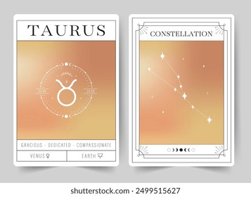 Taurus. Witchcraft cards with astrology zodiac sign and constellation. Modern gradient blurred astrology posters in Y2k style. Perfect for tarot readers and astrologers. Vector illustration.