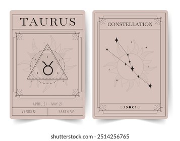 Tauro. Tarjetas de brujería con signo del zodiaco de astrología y constelación. Afiches modernos de astrología bohemia. Perfecto para los lectores de tarot y astrólogos. Ilustración vectorial.