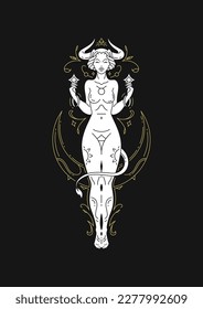 Taurus woman goddess zodiac antique bull with horns tail line art deco symbol vector illustration. Female horoscope mythic character astrological esoteric mythic lunar calendar contoured silhouette