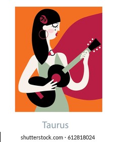 Taurus Woman horoscope sign as a Spanish woman playing ukulele guitar and wearing red rose in her hair. Flamenco vector illustration