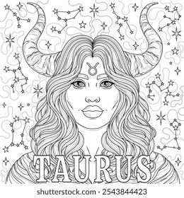 Mujer de Tauro. Signo del zodiaco astrológico. Libro para colorear antiestrés para niños y adultos. Ilustración aislada sobre fondo blanco. Estilo de enredo zen. Dibujo a mano