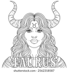 Taurus Woman.Astrological Zodiac Sign.Coloring book antistress for children and adults. Illustration isolated on white background.Zen-tangle style. Hand draw