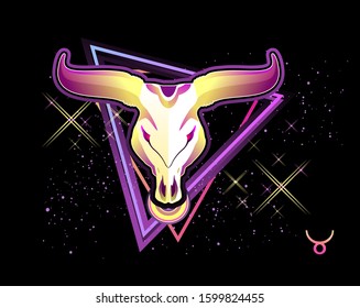 Taurus zodiac Astrological horoscope, in retro style on a black background with neon luminous elements, sacred gothic symbols of the constellations, vector horizontal illustration