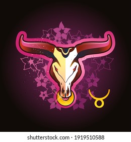 Taurus zodiac astrological sign in round shape isolated on white background, in the Gothic style, horoscope with skulls, alchemy and occultism, vector illustration