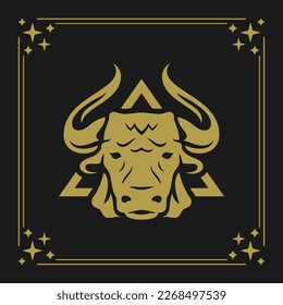 Taurus zodiac astrology lunar horned bull golden vintage card frame design vector illustration. Mystery aggressive farm animal head horoscope symbol magic constellation antique decorative element