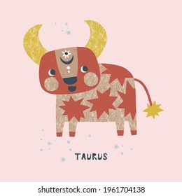 Taurus zodiac character nursery poster. Cartoon horoscope vector illustration. Magical Boho baby spiritual astrological design. Scandinavian decorative childish print.