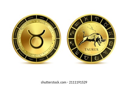 Taurus zodiac coin isolated on a white background. Witchcraft astrology for zodiac constellations. Modern magic divination. Gold coins sign. Realistic 3D vector EPS10 illustration.