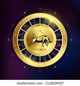 Taurus zodiac coin. Witchcraft astrology for zodiac constellations. Modern magic divination. Gold coins sign isolated on a blue background esoteric. Realistic 3D vector EPS10 illustration.