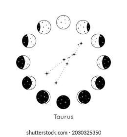 Taurus zodiac constellation inside circular set of Moon phases. Black outline silhouette of stars. Vector illustration