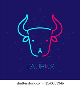 Taurus Zodiac constellation logo icon outline stroke set dash line design illustration isolated on dark blue background with taurus text and copy space