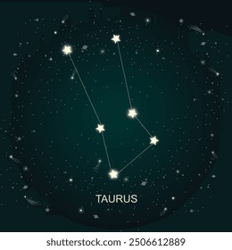 Vector de la constelación del zodíaco de Tauro con estrellas brillantes conectadas por líneas, frente a un oscuro cielo celestial lleno de estrellas y Elementos cósmicos. Ideal para astrología, diseños de horóscopos, arte celestial.