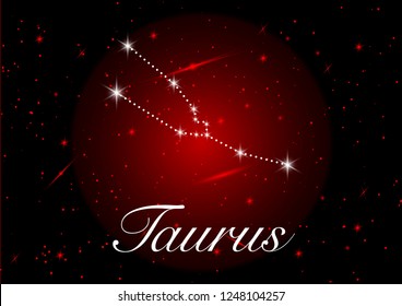 Taurus zodiac constellations sign on beautiful starry sky with galaxy and space behind. Taurus horoscope symbol constellation on deep red cosmos vector background.