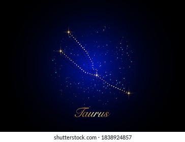 Taurus zodiac constellations sign on beautiful starry sky with galaxy and space behind. Gold Taurus horoscope symbol constellation on deep cosmos background