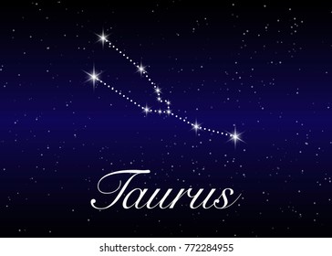 Taurus zodiac constellations sign on beautiful starry sky with galaxy and space behind. Taurus horoscope symbol constellation on deep cosmos background.