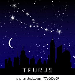 Taurus zodiac constellations sign on beautiful starry sky with galaxy and space behind. Taurus horoscope symbol constellation on deep cosmos background. vector 