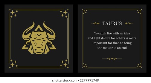 Taurus zodiac horoscope fortune golden vintage card design template set future prediction vector illustration. Astrological horned bull character mythology silhouette description star antique frame