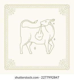 Taurus zodiac horoscope symbol antique line art deco golden frame vintage card design vector illustration. Aggressive bull astrological lunar calendar fortune prediction mythology constellation