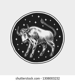 Taurus Zodiac icon. Astrology horoscope with sign. Calendar template. Collection outline animals. Classic vintage style. Engraved hand drawn sketch.