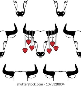 Taurus zodiac seamless pattern with hearts. Ox vector wallpaper for textile prints, valentines backgrounds, wrapping.