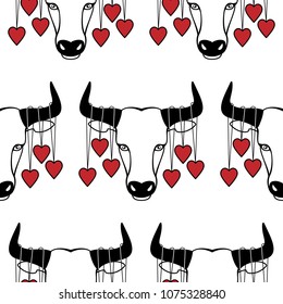 Taurus zodiac seamless pattern with hearts. Ox vector wallpaper for textile prints, valentines backgrounds, wrapping.