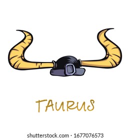 Taurus zodiac sign accessory flat cartoon vector illustration. Ancient warrior helmet with bull horns object. Astrological earth symbol characteristics, viking armor element. Isolated hand drawn item