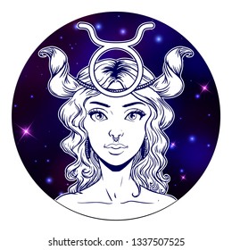 Taurus zodiac sign artwork, beautiful girl face, horoscope symbol, star sign, vector illustration