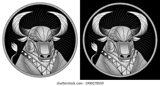 Taurus zodiac sign, astrological horoscope symbol. Pixel monochrome icon style. Stylized graphic black white portrait of stately ox. Proud bull, big twisted horns. Powerful mule look to side. Vector.